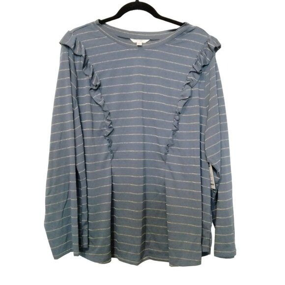 Terra & Sky 3X Long-Sleeve Blue Top With Gold Stripes Ruffle Accents - Picture 2 of 9